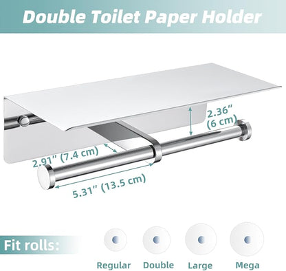 Double Toilet Paper Holder with Shelf Polished Chrome, APLusee SUS304 Stainless Steel Contemporary Bathroom Tissue Roll Holder Cell Phone Storage Rack