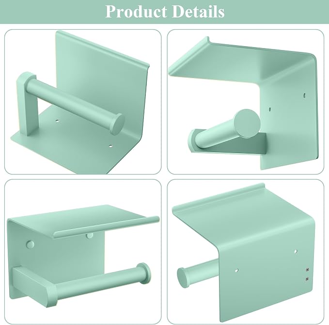 Tindbea Toilet Paper Holder with Phone Shelf, Adhesive or Screw Wall Mount Toilet Tissue Roll Holder, Rustproof & Multifunctional Stainless Steel Bathroom Storage Dispenser (Mint Green)