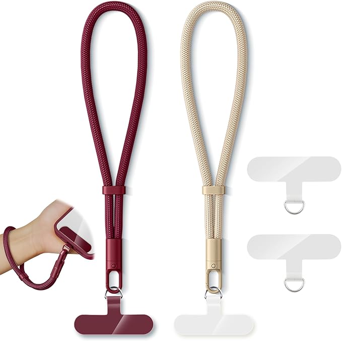 KITANIS 2 Pack Phone Lanyard,2×Phone Wrist Strap,4×Tether Tabs,Universal Cell Phone Multifuctional Patch Polyester Lanyards,Cell Phone Hand Strap for Women and Men(wine+light camel)