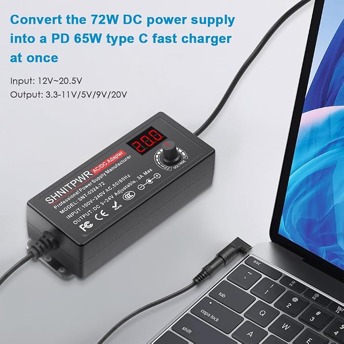 SHNITPWR 72W universal Power Supply Adjustable DC 3.5V ~ 24V 3A AC/DC Adapter with USB C Charger PD 65W Upgraded 100V-240V AC to DC Converter Variable Power Adapter,14 Tips,Alligator Clips Power Cable