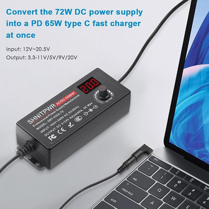 SHNITPWR 72W universal Power Supply Adjustable DC 3.5V ~ 24V 3A AC/DC Adapter with USB C Charger PD 65W Upgraded 100V-240V AC to DC Converter Variable Power Adapter,14 Tips,Alligator Clips Power Cable