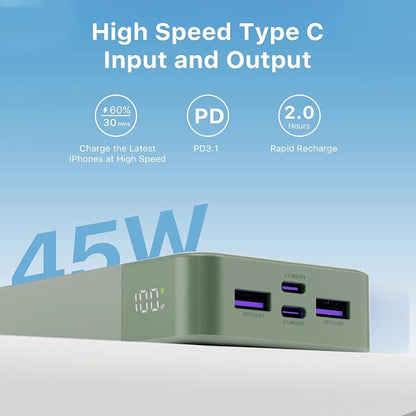J2621 Power Bank Portable Charger 20000mAh 45W, PD3.0 QC 4.0 Fast Charging Battery Pack with LED Display,2 USB-C,2 USB-A for iPhone 15 16, MacBook