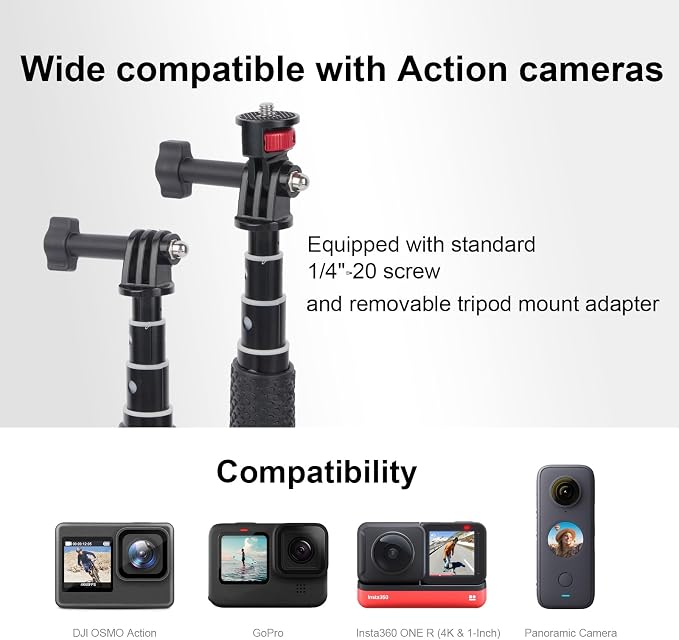 19" Short Selfie Stick, Compact & Lightweight Monopod Pole (6.7"-18.9") with 360° Tripod Adapter for GoPro, for Insta360, for DJI Osmo Action Camera - YD024