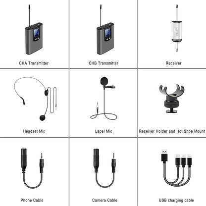 Hotec Wireless System with Dual Headset Microphones/Lavalier Lapel Mics and Bodypack Transmitters and One Mini Rechargeable Receiver 1/4" Output, for Live Performances