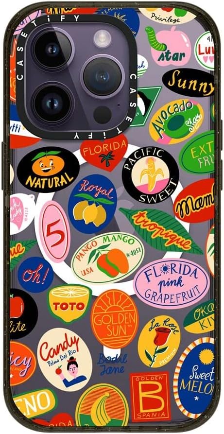 CASETiFY Impact iPhone 14 Pro Case [4X Military Grade Drop Tested / 8.2ft Drop Protection/Compatible with Magsafe] - Fruit Stickers - Glossy Black