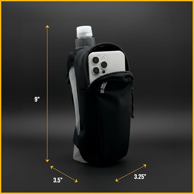 Handheld Running Water Bottle with Large Phone Holder – 12oz Grip-Free Hydration Flask with Pocket for Cards & Keys – Adjustable Strap for Walking, Running, Hiking, Marathons