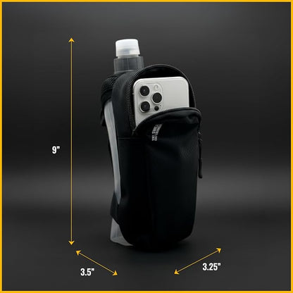 Handheld Running Water Bottle with Large Phone Holder – 12oz Grip-Free Hydration Flask with Pocket for Cards & Keys – Adjustable Strap for Walking, Running, Hiking, Marathons