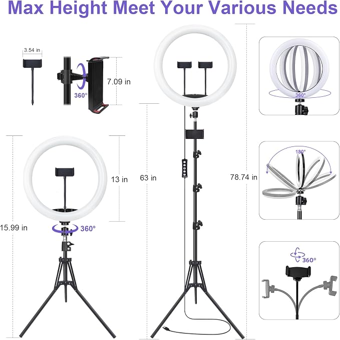 13" Selfie Ring Light with 76" Tripod Stand & 3 Phone Holder, LED Camera Ringlight with 48 RGB Colors Modes & Musical Rhythm Mode and 12 Brightness Dimmable for Makeup/Photography/Videos/Vlog/TikTok
