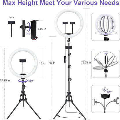 13" Selfie Ring Light with 76" Tripod Stand & 3 Phone Holder, LED Camera Ringlight with 48 RGB Colors Modes & Musical Rhythm Mode and 12 Brightness Dimmable for Makeup/Photography/Videos/Vlog/TikTok