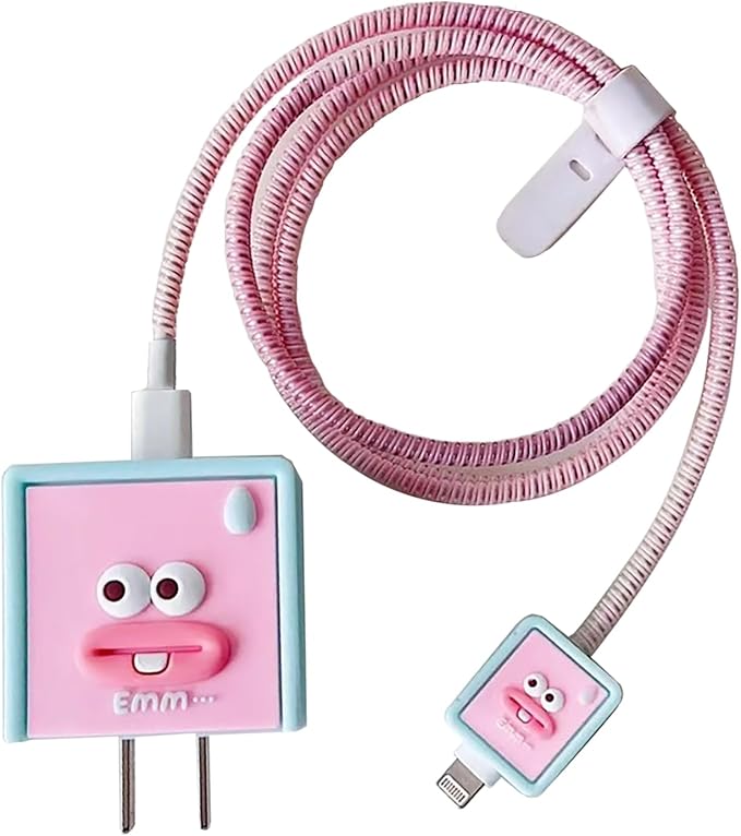 Compatible with Apple 20W/18W USB-C Adapter Charger, 3D Cartoon Protective Case for iPhone 20W USB-C Power Adapter Charger Fast Lightning Cable Cable Cover (Pink Square)