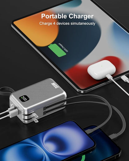 27000mAh Portable Charger with Wall Plug, 35W Fast Charging Power Bank Built-in Cables,4 Ports TSA-Approved Travel Essentials Charging Battery Bank (Space Gray)