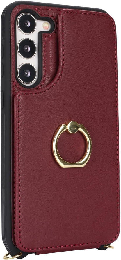 Lipvina for Samsung Galaxy S22 Case with Card Holder and Strap for Women,Crossbody Lanyard,RFID Blocking,Stand Ring Kickstand,Snap Clasp,Phone Wallet Cases 6.1 inch(Wine Red)