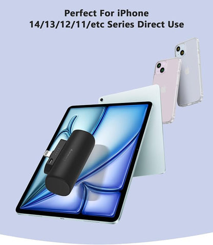 Miady 2-Pack Mini Portable Charger Built-in Connector Compact Battery Pack | 5000mAh PowerBank丨Not for Android丨Lightweight丨for Travel丨Compatible with iPhone 14/13 Series丨Flight-Safe丨18Wh丨Black+White