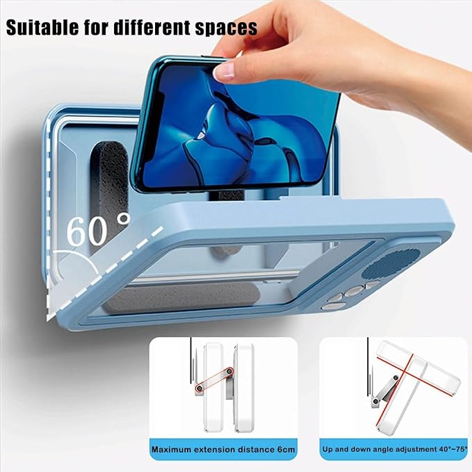 Waterproof Phone Case with Built-in Speaker,480 Rotation Wall Phone Mount Stand,Screen Touch Shower Phones Case Mount Speakers with Suction Cup,Cover Mounts Stand Wireless Bluetooth (White)