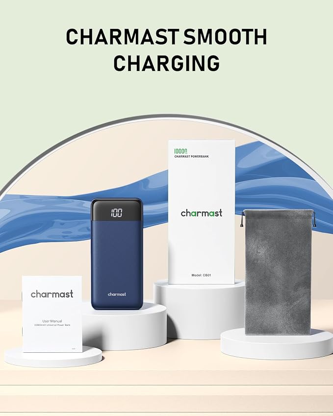 charmast Portable Charger with Built in Cables, 10000mAh Slim Power Bank, 15W USB C in&Out Port High Speed Charging External Charger, Battery Pack Compatible with iPhone 16 15 13 Samsung Google iPad
