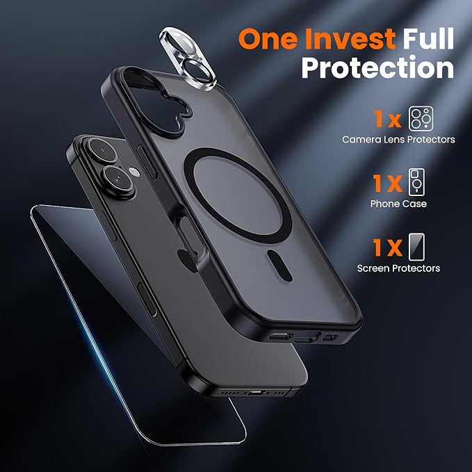 3 in 1 for iPhone 17 Case Matte Black,Fits MagSafe, Screen Protector*1 Camera Lens Protector*1,Matte Skin Feeling Back, Cover Military-Grade Protection