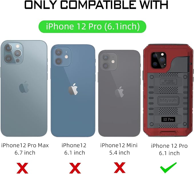 Mitywah Waterproof Case for iPhone 12 Pro, Heavy Duty Shockproof Case with Built-in Screen Protector, Full Body Underwater Protective Metal Case 6.1 inch, Red