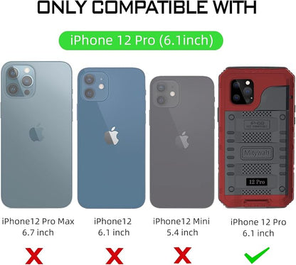 Mitywah Waterproof Case for iPhone 12 Pro, Heavy Duty Shockproof Case with Built-in Screen Protector, Full Body Underwater Protective Metal Case 6.1 inch, Red