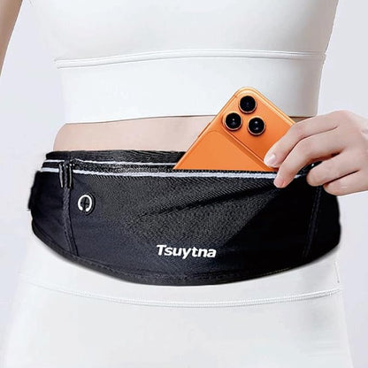 Running Belt for Women & Men - Slim Phone running belt with Water-Resistant Phone Holder, 3 pockets Adjustable Waist Strap, Reflective Safety Design for Running, Hiking, Travel，Fitness(Black)