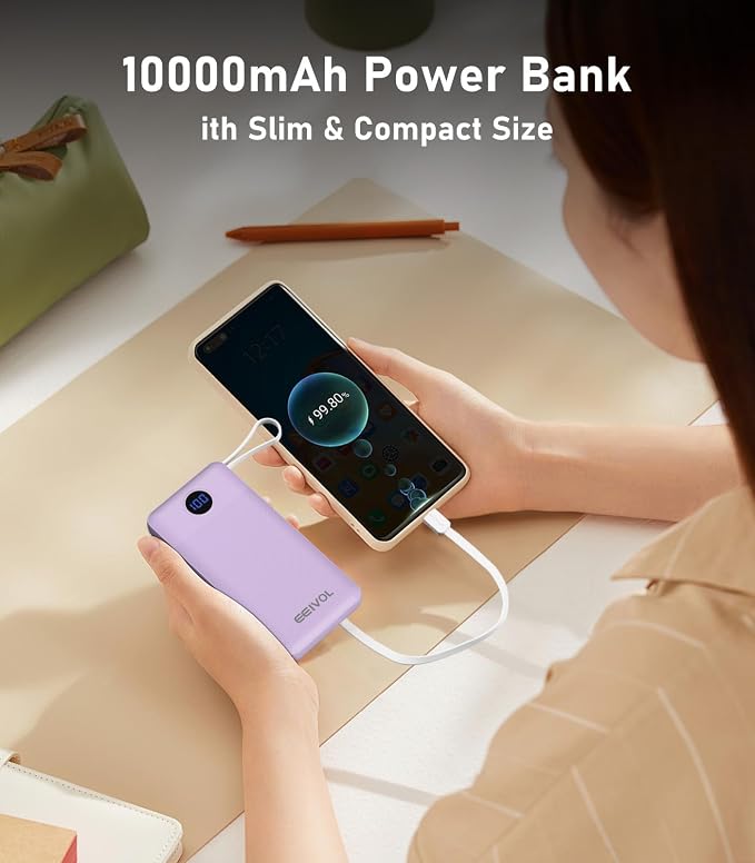 Portable Charger with Built in Cables, Slim 10000mAh Power Bank, USB C Battery Pack Travel, 4 Output 2 Input External Charging Bank for iPhone 17/16/15/14/13,Samsung, Android, etc-Purple(1 Pack)