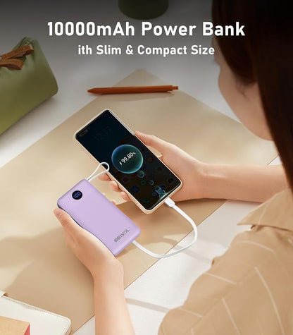 Portable Charger with Built in Cables, Slim 10000mAh Power Bank, USB C Battery Pack Travel, 4 Output 2 Input External Charging Bank for iPhone 17/16/15/14/13,Samsung, Android, etc-Purple(1 Pack)