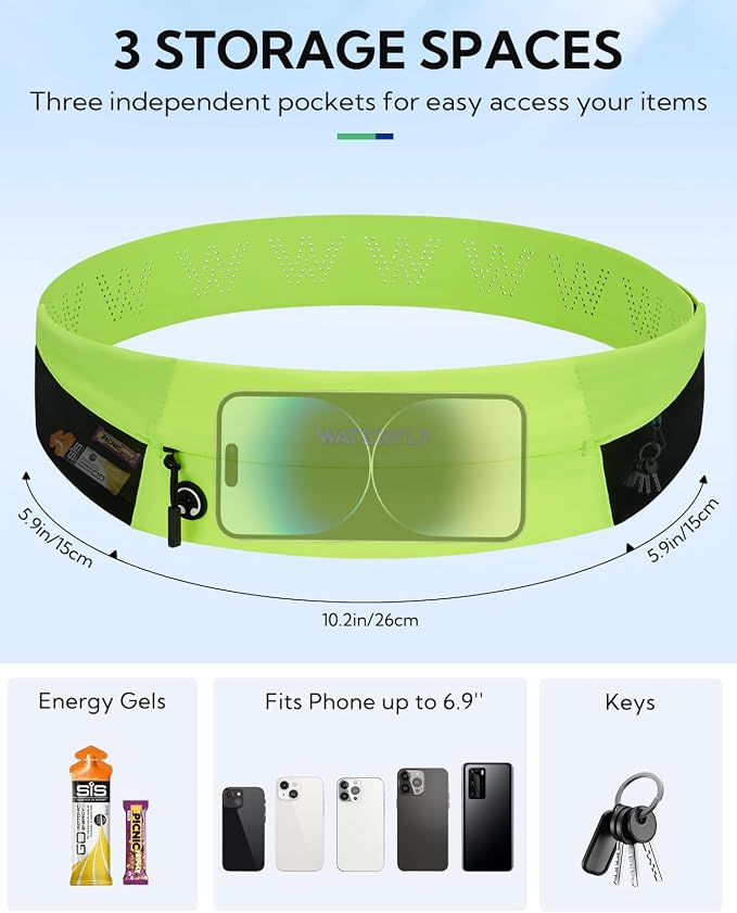 WATERFLY Running Belt Fanny Pack: Slim Waist Bag for Men Women, Workout Fitness Phone Holder for Exercise Marathon Jogging-Fluorescent Green