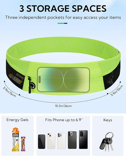 WATERFLY Running Belt Fanny Pack: Slim Waist Bag for Men Women, Workout Fitness Phone Holder for Exercise Marathon Jogging-Fluorescent Green