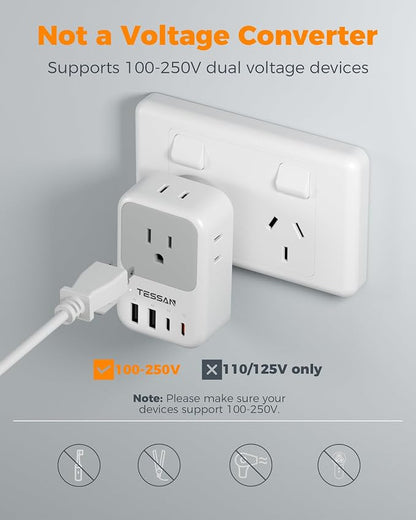 New Zealand Power Adapter 2 Pack, TESSAN PD 20W US to Australia Plug Adapter with 4 AC Outlets 4 USB Ports (2 USB C), Type I Travel Adaptor for USA to Australian Argentina China Fiji AU NZ Samoa