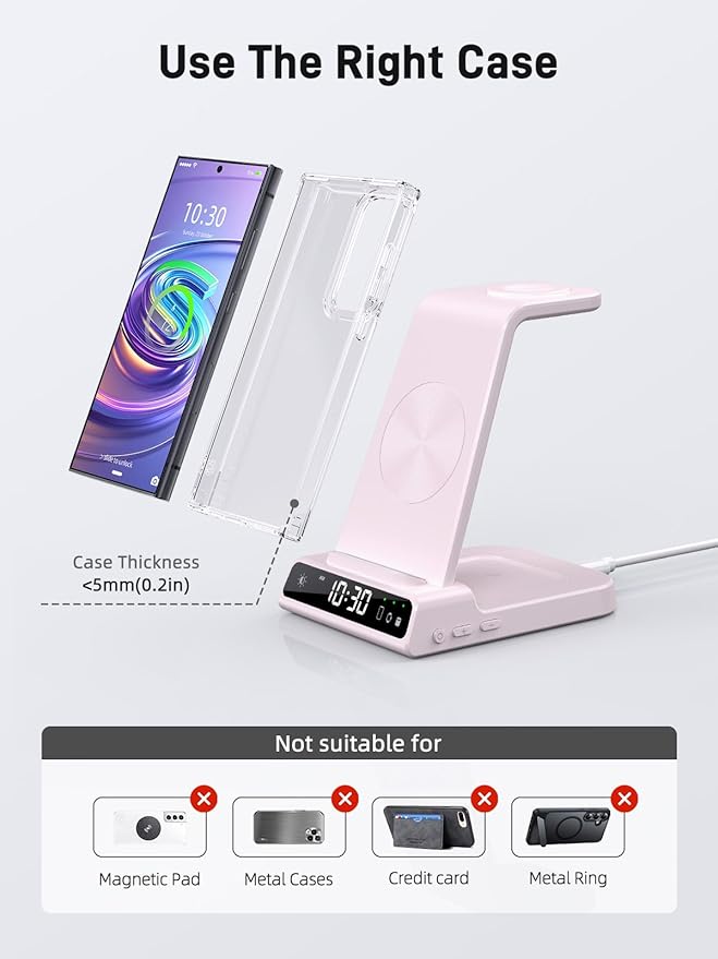 Wireless Charger Samsung Charging Station: 3 in 1 Android Charging Stand with Dimmable Clock - Nightstand Organizer for Galaxy S25 Ultra S24, Galaxy Watch 8 7 6 5 4, Galaxy Buds, Space-Saving Charger