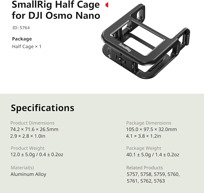 SmallRig Half Cage for DJI Osmo Nano, with a 1/4"-20 Threaded Hole/Quick Release Mount for DJI/Cold Shoe Mount