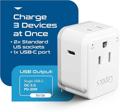 Ceptics UK, Hong Kong, Travel Plug Adapter Set, Safe Grounded USB-C 30W PD & QC 3.0-2 USA Socket - Compact & Powerful - Ireland, England, Dubai, Saudi Arabia - Includes Type G Swadapt Attachments