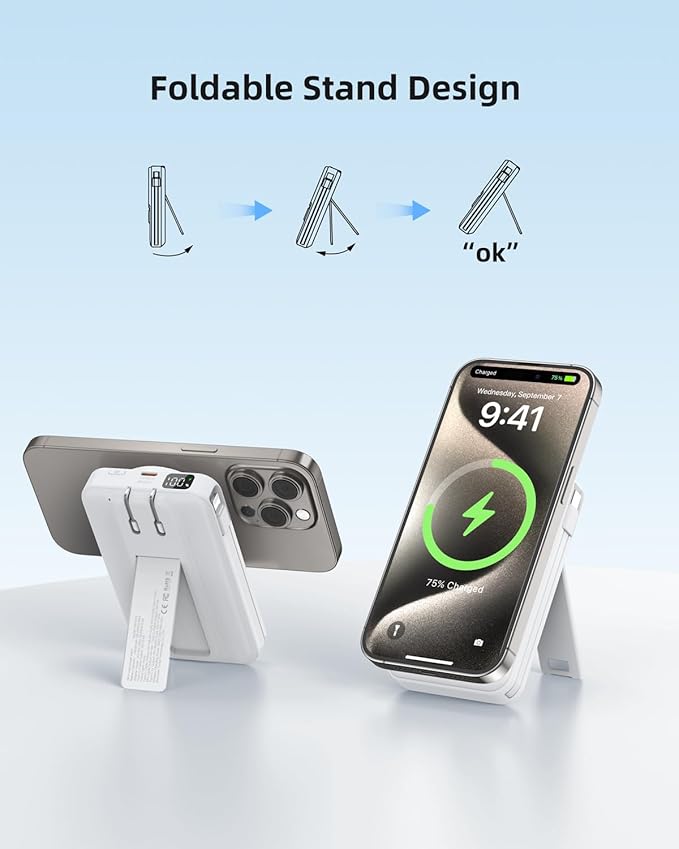 for Magsafe Magnetic Portable Charger, 10000mAh Wireless Power Bank with Built-in Cable & AC Wall Plug, Battery Pack PD 22.5W with Stand, LED Display for iPhone 17/16/15/14/13 Series, Samsung, Pixel