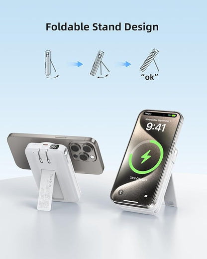 for Magsafe Magnetic Portable Charger, 10000mAh Wireless Power Bank with Built-in Cable & AC Wall Plug, Battery Pack PD 22.5W with Stand, LED Display for iPhone 17/16/15/14/13 Series, Samsung, Pixel