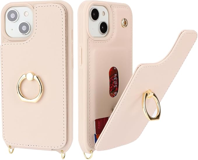 Lipvina for iPhone 14 Case with Card Holder for Women,iPhone 14 Phone Case with Strap,Crossbody Lanyard,RFID Blocking,Ring Stand,Snap Clasp,Cute Wallet Cases 6.1 inch (Beige)