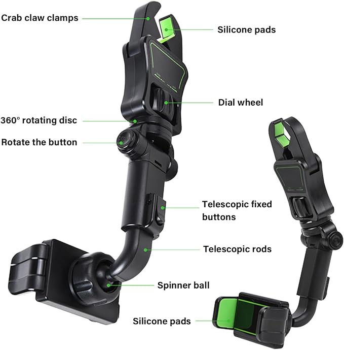 BESULEN Car Rear View Mirror Phone Holder, 360° Rotating Rearview Mirror Phone Mount, ABS Multi-Functional Adjustable Cellphone Holder, Universal Car Phone Holder for All Smartphones (Black/Green)