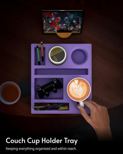 Couch Cup Holder Tray - Couch Organizer Caddy, Silicone Beach Caddy with Cup Holder, Sofa and Bed Drink Holder and Couch Tray Table for Snacks Beverage Remote (Purple)