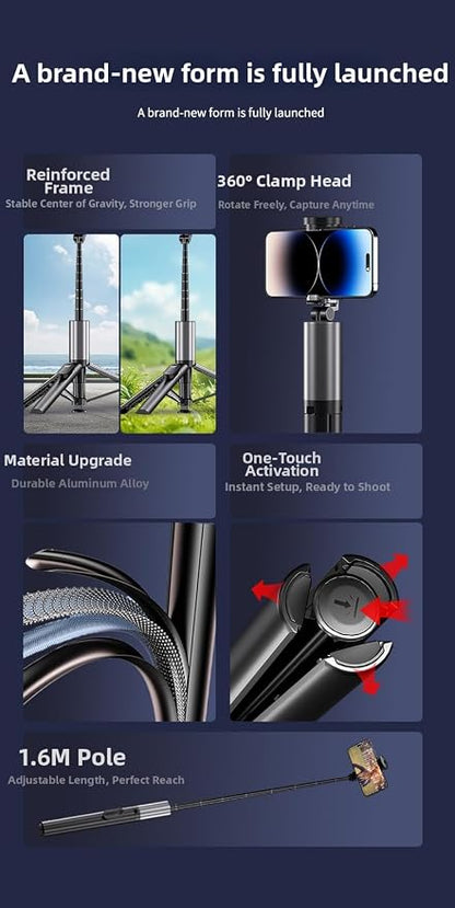 63“ Selfie Stick Tripod for iPhone/Android - Expandable Phone Tripod with Fill Light, 10M Bluetooth Remote Control, one Click Open Selfie Stick for Vlog/Travel/Live Streaming(Black)
