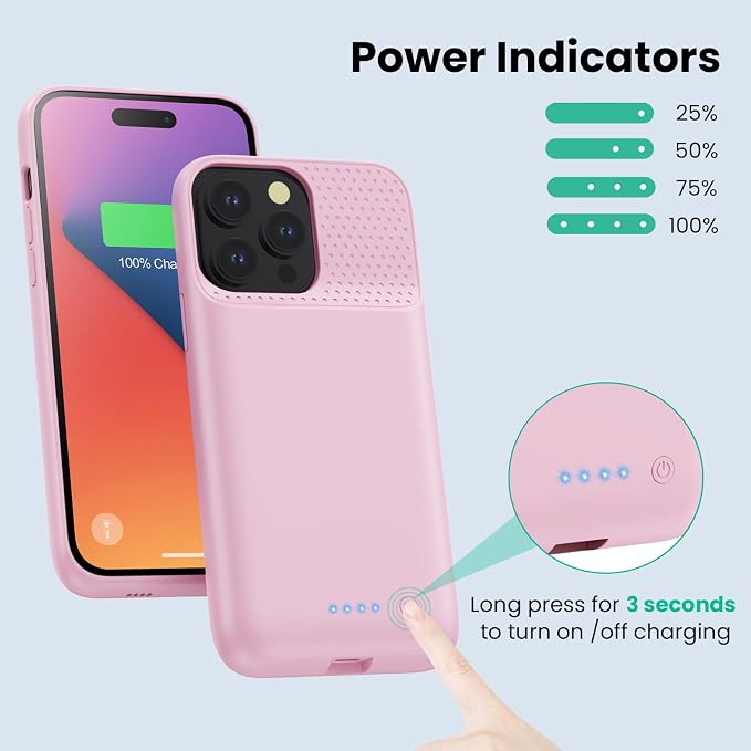 Battery Case for iPhone 14 Pro Max,14 Plus and 13 pro Max, Real 8600mAh Rechargeable Smart Extended Charging Case, Ultra-Slim Portable Protective Battery Pack (6.7 inch) Pink