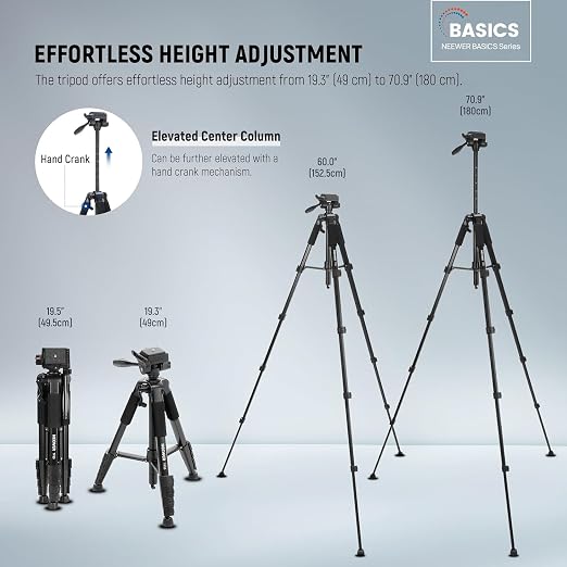 NEEWER BASICS Camera Tripod, 71'' Tripod with Cell Phone Holder Mount Compatible with iPhone for Video Recording, Professional Aluminum Lightweight Portable Travel Stand with 3 Way Pan Tilt Head, TP55