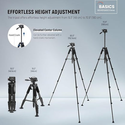 NEEWER BASICS Camera Tripod, 71'' Tripod with Cell Phone Holder Mount Compatible with iPhone for Video Recording, Professional Aluminum Lightweight Portable Travel Stand with 3 Way Pan Tilt Head, TP55
