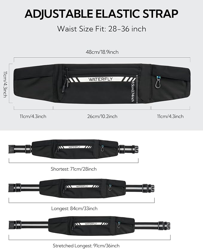 WATERFLY Running Belt Fanny Pack: Slim Breathable 4 Pocket Waist Bag for Men Women Sport Workout Exercise Fitness Phone Holder - Runner Marathon Jogging Waistband Fits ALL Phones Black