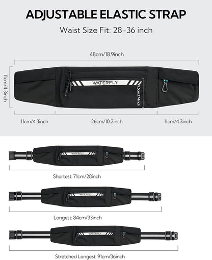 WATERFLY Running Belt Fanny Pack: Slim Breathable 4 Pocket Waist Bag for Men Women Sport Workout Exercise Fitness Phone Holder - Runner Marathon Jogging Waistband Fits ALL Phones Black