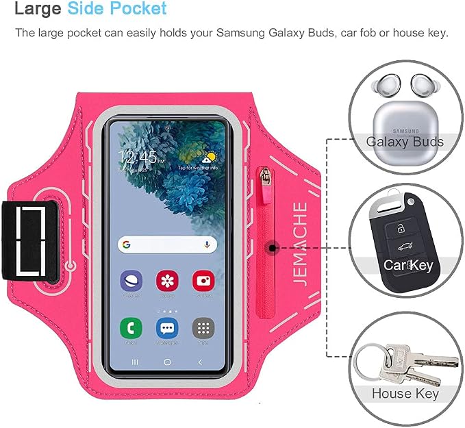 JEMACHE Armband for Samsung Galaxy S26 S25 S24 S23 S22 Ultra/Plus/FE, Gym Running Workouts Arm Band with Earbuds Holder (Rosy)