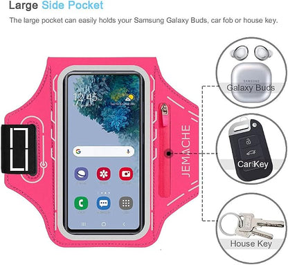 JEMACHE Armband for Samsung Galaxy S26 S25 S24 S23 S22 Ultra/Plus/FE, Gym Running Workouts Arm Band with Earbuds Holder (Rosy)