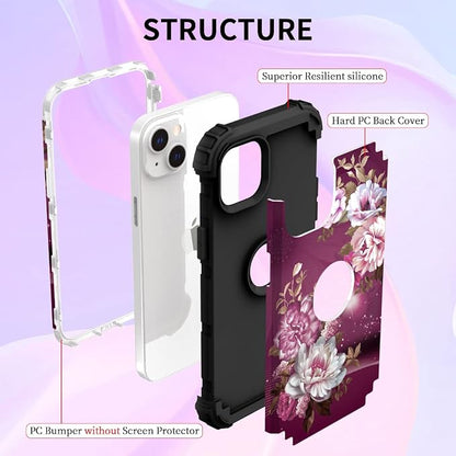Hocase for iPhone 15 Plus Case, Heavy Duty Shockproof Protection Soft Silicone Rubber Bumper+Hard Plastic Hybrid Protective Case for iPhone 15 Plus 6.7" 2023 - Royal Purple Flowers