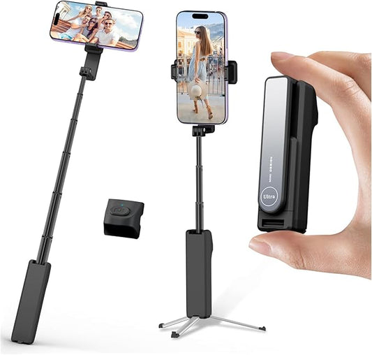 yAyusi Extendable Mini Selfie Stick Tripod with Remote, Pocket Size Portable Tripod for iPhone, Small Compact Phone Selfie Stick Tripods Mount for Travel/Vlog/Video Recording/Live Streaming (Black)