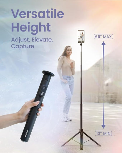 KraftGeek Magnetic Phone Tripod for iPhone MagSafe – 66'' Automatic Selfie Stick with Remote, Portable Tripod Stand for Video Recording, Travel, Vlogging (Black)