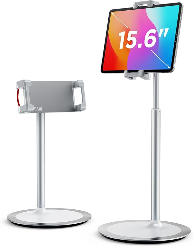 SAIJI Tablet Stand Holder, Extra-Height Adjustable Kindle Stand, 360 Degree Rotating iPad Holder, Aluminum Alloy Cradle Mount Dock for 4.7"-15.6" iPhone, Samsung, Tablets, Portable Monitor (Silver)