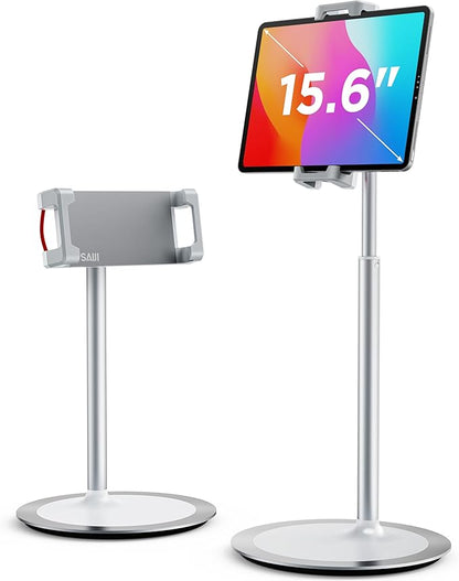 SAIJI Tablet Stand Holder, Extra-Height Adjustable Kindle Stand, 360 Degree Rotating iPad Holder, Aluminum Alloy Cradle Mount Dock for 4.7"-15.6" iPhone, Samsung, Tablets, Portable Monitor (Silver)