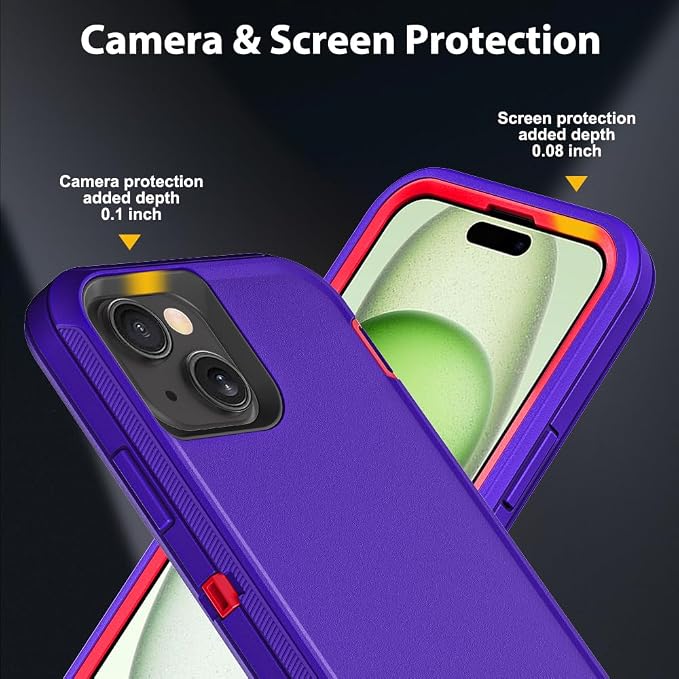 for iPhone 15 Plus Case with 2Pcs Tempered Glass Screen Protector and 1Pcs Camera Lens Protector, Military Grade 3 in 1 Heavy Duty Shockproof/Drop Proof/Dust Proof Case (Purple/Pink)
